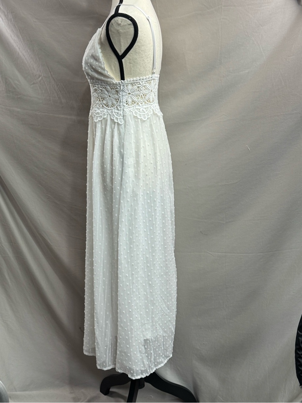 Boho White Swiss Dot Midi Dress with Crochet Lace Waist - Picture 13 of 13